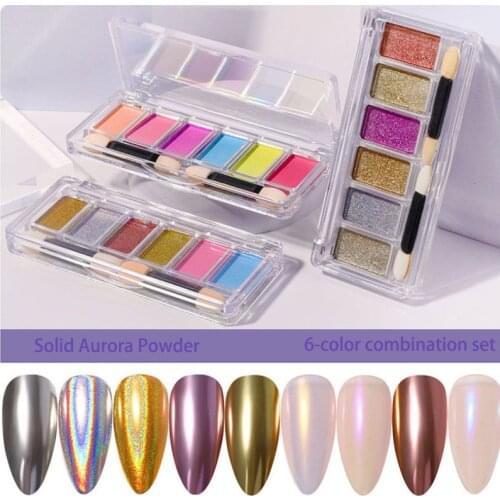 Solid Aurora Nail Art Powder Mermaid Chrome Mirror Pigment Decorations Pearl Rubbing Dust Brush Glitters 6-Color CombinationSet