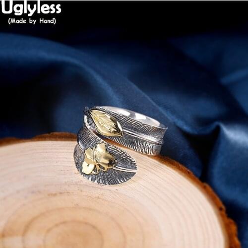 Uglyless Ethnic Thai Silver Feather Open Rings for Women Lovely Butterfly Insects 925 Silver Rings Handmade Leaf Fine Jewelry