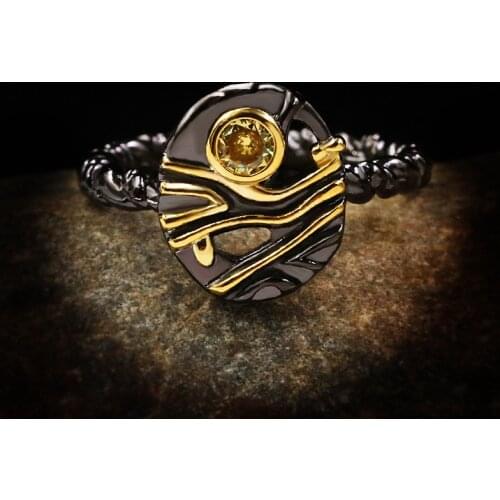 Vintage Black Gold Tungsten Wedding Engagement Ring Italian Fine Jewelry Shining Topaz Stone Lace Ring for Women