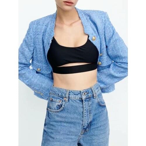 ZA jacket autumn 2021 new ladies all-match round neck long sleeve hit color stitching printing lining metal button jacket jacket