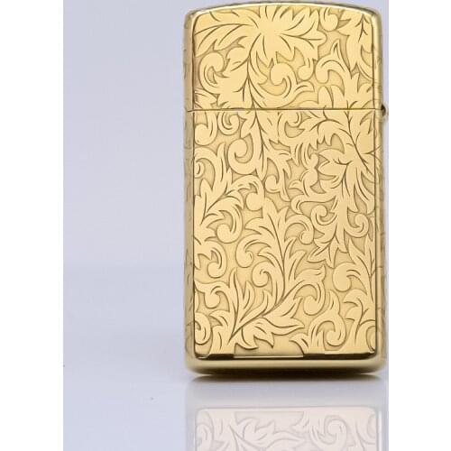 Zorro Lighter Z909 Narrow Style Flower Brass Five Side Carving Tang-Grass Pure Copper Kerosene Lighter Etching Creativity Gift