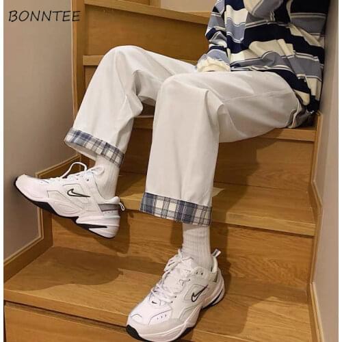 Y2k Pants Women Fall Elastic Waist Solid Simple Lattice All-match Straight Clothing Vacation Korean Harajuku Casual Design Femme