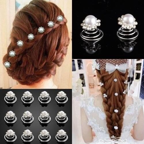 12pcs/lot Wedding Bridal Hairpins Rhinestone Pearl Flower Spiral Hair Pins Twist Hair Clips for Women Bride Hair Accessories