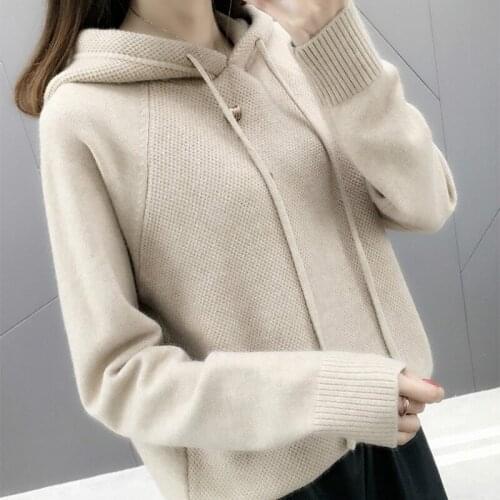 Womens hooded sweater sweater 2019 new womens autumn fashion loose wild pure color shirt knit bottoming shirt coat