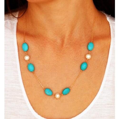 N1071 2018 hot sale Fashion gold Mix and Match sweet simulated pearl choker necklace Vintage Blue stone Female charm jewelry