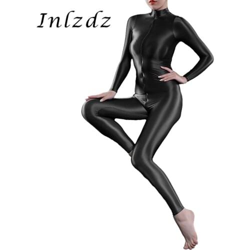 Womens Erotic Lingerie Babydolls Leotard Bodysuit Shimmery Smooth High Neck Ankle Length Double-ended Zipper Jumpsuit Clubwear
