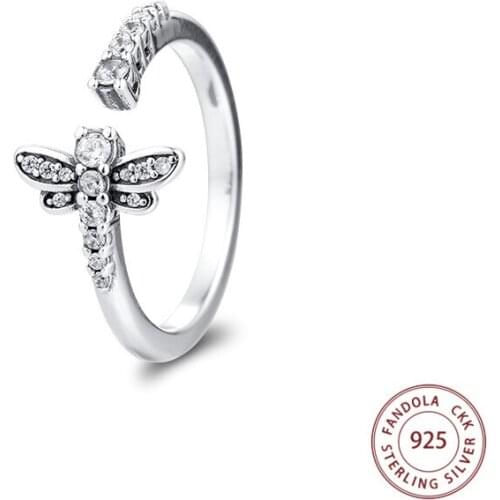 100% 925 Sterling Silver Sparkling Dragonfly Open Rings for Women Fashion Jewelry Wedding Statement Ring Party Bague Wholesale