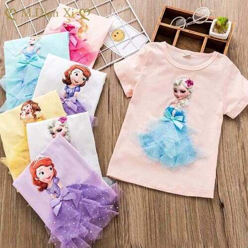 2021Girl Summer Princess T-Shirt Elsa Aurora Childen Cotton Tees Lace T Shirt 3D Sofia Appliques Kid Birthday Top Clothing Shirt