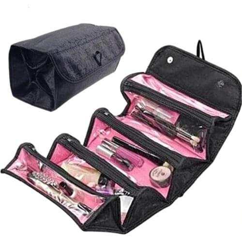 4-Layer Roll-Up Cosmetic Makeup Pouch Large Capacity Travel Storage Bag Foldable Toiletry Organizer with Hanging Hook