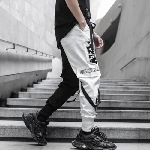 2020 spring summer men ribbons casual cargo pants punk hip hop streetwear joggers man vintage slim fit sweatpants