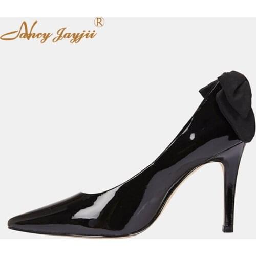 Black Butterfly-Knot Soft Artificial Material Pumps Woman High Stilettos Pointy Toe Thin Heels Large Size 11 14 For Ladies Shoes
