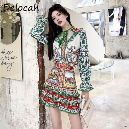 Delocah New 2021 Autumn Women Fashion Runway Skirts Set Flare Sleeve Ruffles Lace Loose Shirt + High Waist Print Cake Skirt Suit