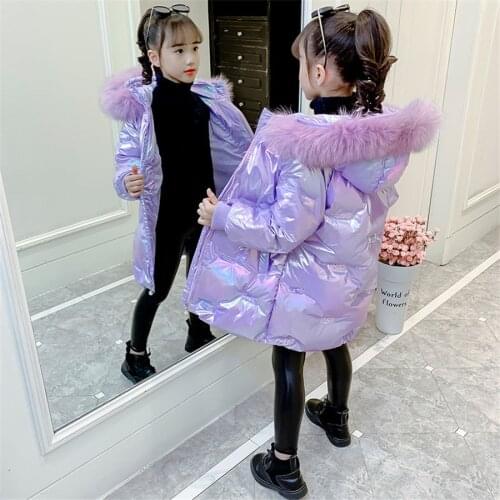 Kids Winter Jacket For Girls Bright iridescent Thicken Girls Winter Coat Hooded Velour Winter Girls Jackets Outwear 3-14