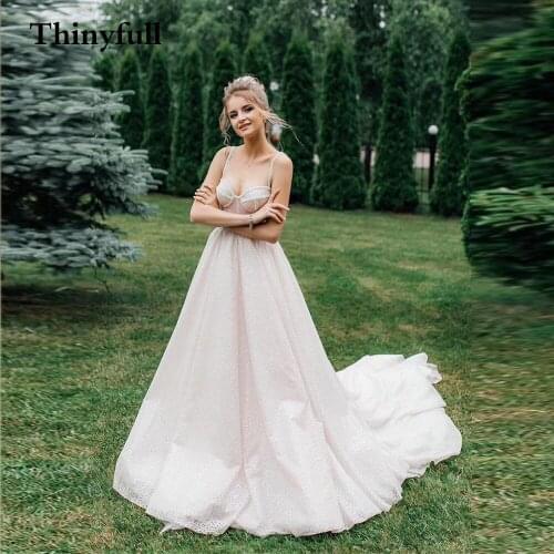 Elegant Glitter Sleeveless Long Train Bow Boho Wedding Dresses 2021 Spaghetti Strps Princess Beach A-Line Bride Dress Robes