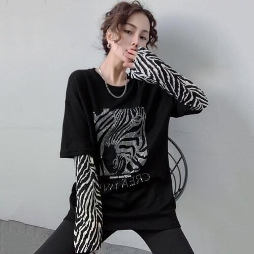 Diamonds Zebra Pattern T-shirt Loose Harajuku Fake Two-Pieces Pulovers Streetwear Women Long Sleeve Mujer Camisetas