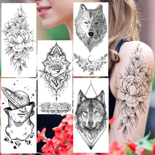 Geometric Flower Temporary Tattoos Sticker Realistic Fake Wolf Jewelry Planets Tattoo For Women Girl Body Art Painting Arm Tatoo