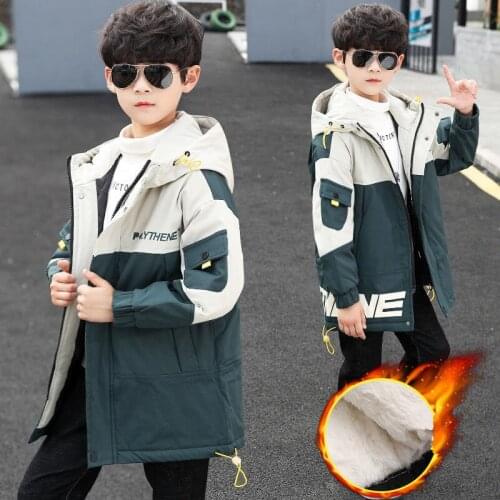 Boy Winter Coat Jacket Clothes Childrens Outerwear Thicken Plus Velvet Warm Hooded Patchwork Drawstring Threaded Cuffs 2021 New
