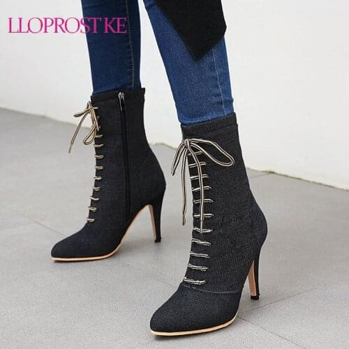 Lloprost ke New Boots Women 2020 Autumn Fashion Ankle Boots Pointed Toe Stiletto Heel Shoe Stretch Lace-up High Heel Botas mujer
