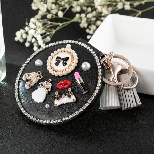 Fashion PU leather Mini Pocket Cosmetic makeup mirror,2side Foldable,Key holder Key chain Party Gift,sexy red lip bowknot shoes