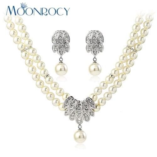 MOONROCY Free Shipping Fashion Crystal Necklace and Earrings Imitation Pearl Jewelry Set Jewelry Zirconia Jewelry Set for Women