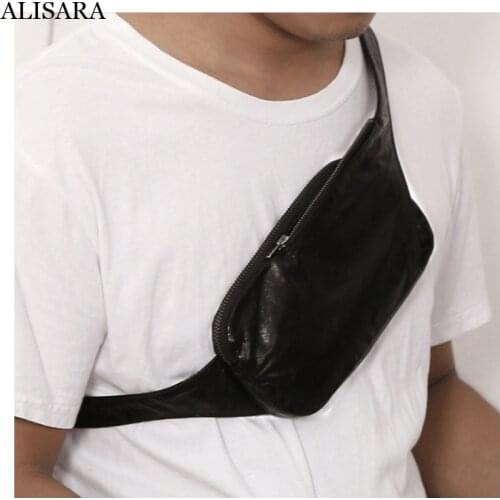Alisara Mens Chest Bag First Layer Sheepskin Leather Top Quality Male Fashion Small Cell Phone Handbag Mini Storage Waist Bags