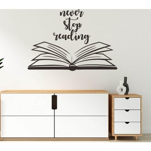 Never Stop Reading Quote Wall Sticker Vinyl Wall Decal Open Book Reading Room Library Decor Removable Murals Wallpaper