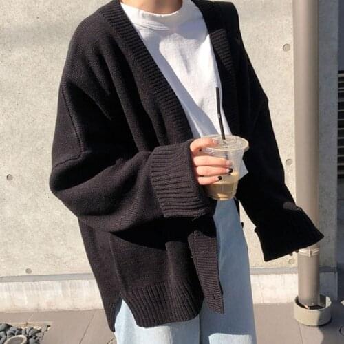 2021 Newkorean Style Fashion Loose Sweater Casual Solid Color Long-Sleeved V-Neck Single-Breasted Cardigan Sweater Coat Female