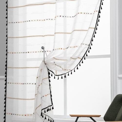 Pastoral Colorful Stripe Finished Tulle Geometric Pattern White Translucent Voile Curtains For Living Room Kitchen Drapes #35