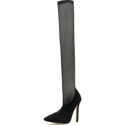 Sexy Woman Silk Stockings Woman Sandals Black Pointed Toe Suede 11Cm High Heels Pumps Shallow Hollow Out Summer Stripper Shoes