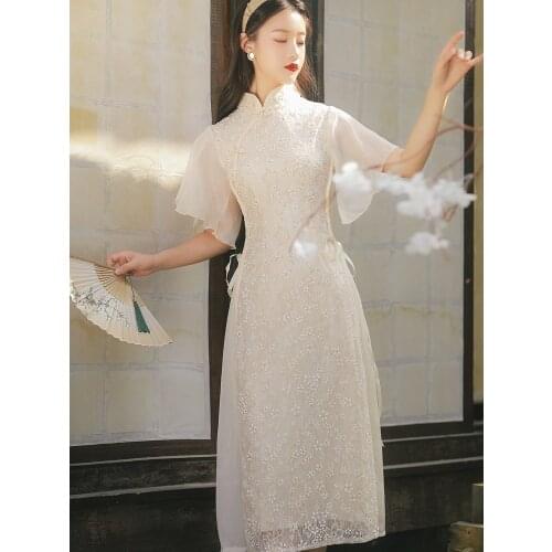 Women Cheongsam Slim Temperament Dress 2021 Summer Modern Fashion Girl Chiffon Lotus Leaf Sleeve Young Elegant Chic Qipao Dress