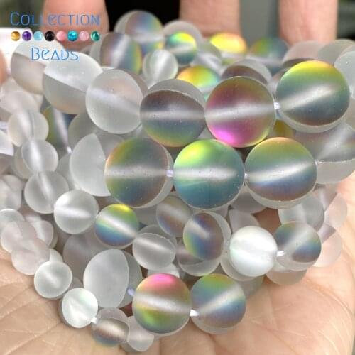 Natural Dull Polish Multicolor Moonstone Crystal Glitter Spacer Round Bead For Jewelry Making 6-12 MM DIY Bracelets Accessories