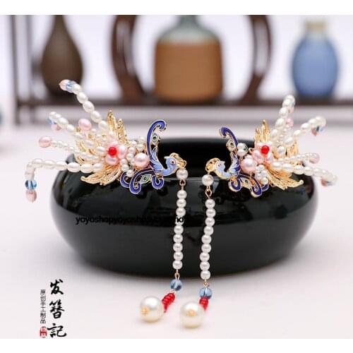 Luxury handmade pair Phoenix Chinese retro hair crown suit Martial arts fairy headdress Pearl shell hairpin clip