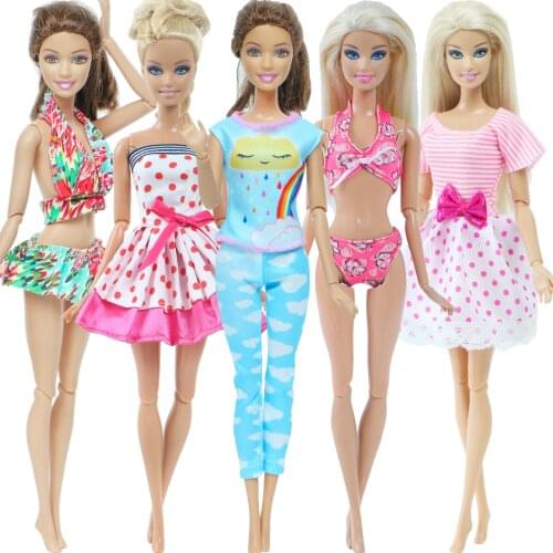 Handmade 5 Pcs/Lot Mix Style Daily Casual Wear 2 Sets Swimsuits Bikini + 2 Pcs Dress + 1 Pcs Outfit Clothes for Barbie Doll Toy