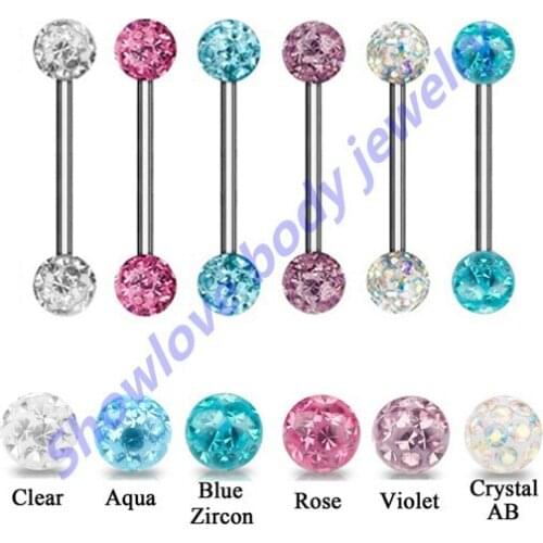 Showlove 6pcs mix colors 14G tongue rings barbell piercing with glitter epoxy CZ stone Charming tongue retainer body jewelry