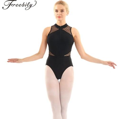 High Neck Sleeveless Mesh Splice Front Zipper Gymnastics Leotards for Women Ballet Costume Bodysuit One-piece Dance Wear