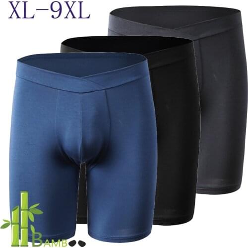 Bamboo Fiber Viscose Breathable Underwear Men Perfomance Quick Dry Boxer Trunk Blue Long Boxershorts For Big Man 5XL 8XL Summer