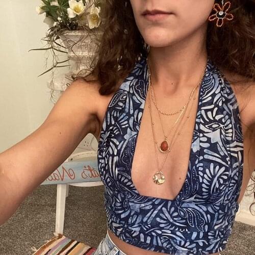 Vintage Printe Vest Corset Summer Beach Clothes Women Cross Sling Crop Top Sexy Sleeveless Y2K Camisole Backless Halter Top 90s