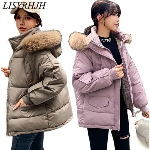 High quality womens winter coat fashion hooded metal bright face warm jacket casual down cotton large fur collar thick parka