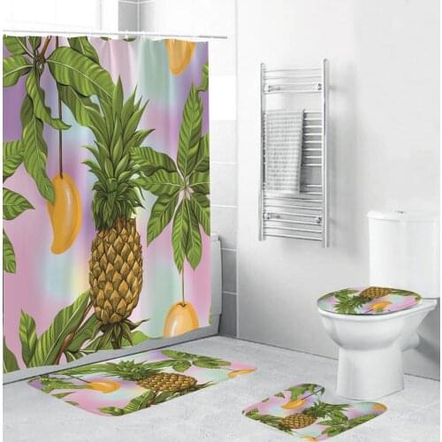 Colorful Pineapple Printing Shower Curtains Waterproof Bathroom Curtain Non-slip Bathroom Mats Polyester Fourpiece Sets