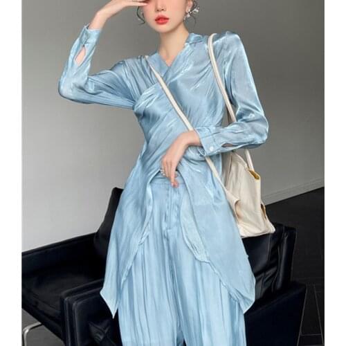 Medium Length Overlapping Cross Long Sleeve Blue Color Blouse For Women 20221 Summer Autumn Fashion Tide Clothing X625