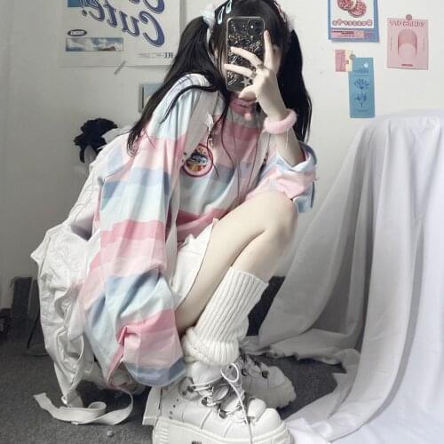 2021 Summer Long Sleeve Womens T-Shirt Korean Style Cute Kawaii Top Oversize Alternative Clothing Harajuku Clothes for Teens