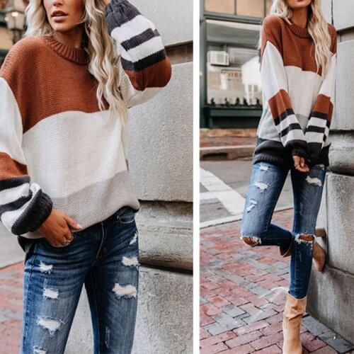 2021 Autumn and Winter New Womens Loose Large Size Casual Sweater Fashion Street Round Neck Striped Pullover Acrylic Top Female