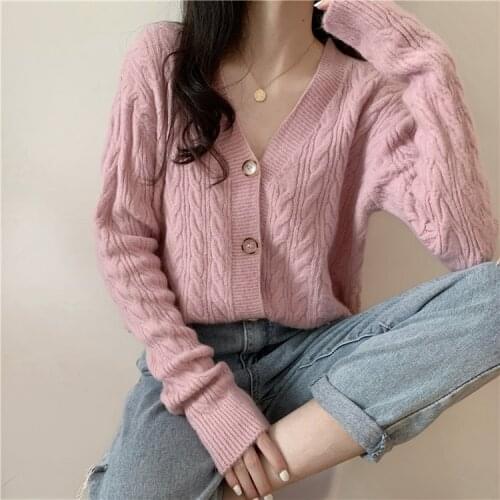 Knitted Cardigan Sweater Women Autumn Winter New Korean Solid Color Twist Solid V-neck Long Sleeve Korean Cardigan Largo Mujer