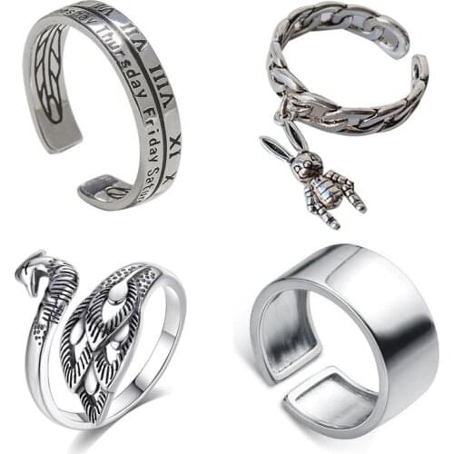 Punk Chain Rings for Women Silver Color Vintage Rabbits Peacock Open Ring Adjustable Hip Hop Men Jewelry Party Accessories