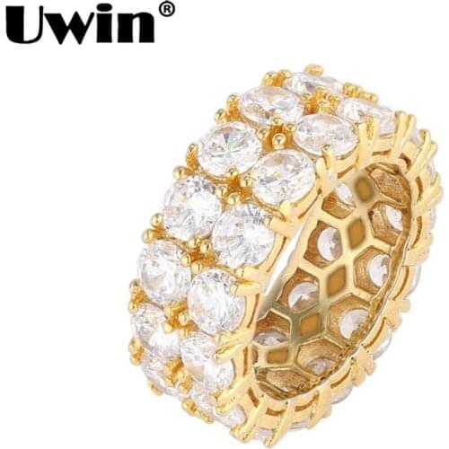 Uwin Wedding Ring Women/Men Full Iced Out Cubic Zirconia Rings Micro Pave 2 Row Bling CZ Fashion Jewelry Valentines Day Gift