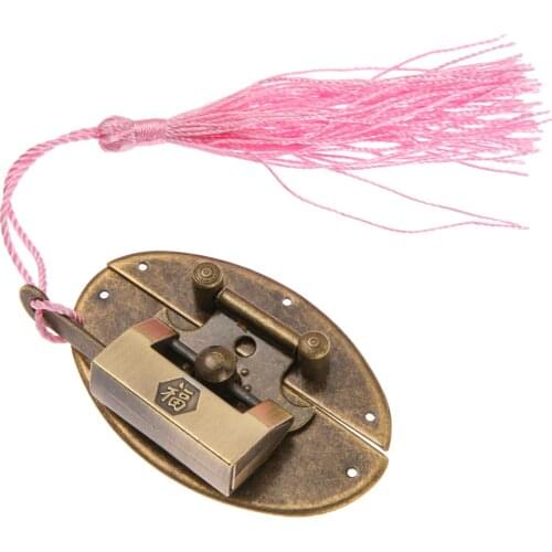 1set Padlock/Key/Tassel+ Oval Box Latch Hasp Chinese Character "Bless" Pattern Brass Lock Cabinet Jewelry Case Antique Bronze