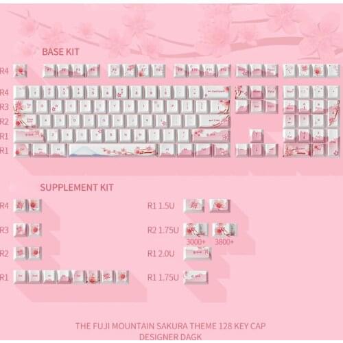 128 keys Mechanical Keyboard Keycaps PBT Dye-Sub Sakura Keycaps For 68 84 87 96 98 104 108 Mechanical Keyboards - Cherry Height