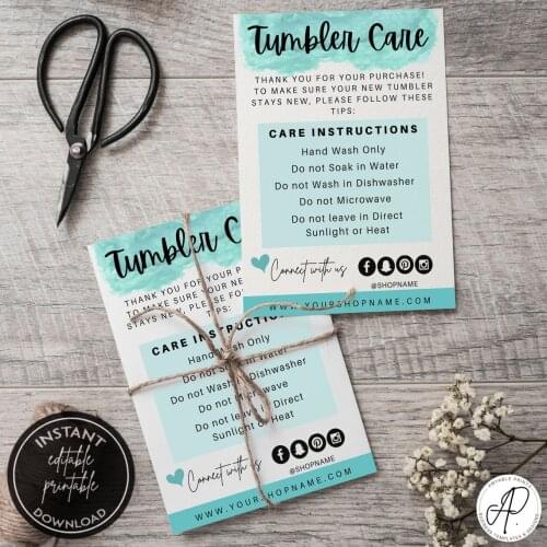 Watercolor card, Tumbler care cards, Care card, Small business supplies, Marketing materials