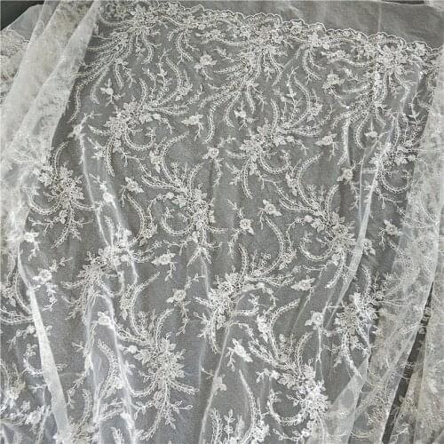 Off White Bridal Fabric, Exquisite Flower Applique Fabric, Embroidered Sequins Tulle Lace Fabric