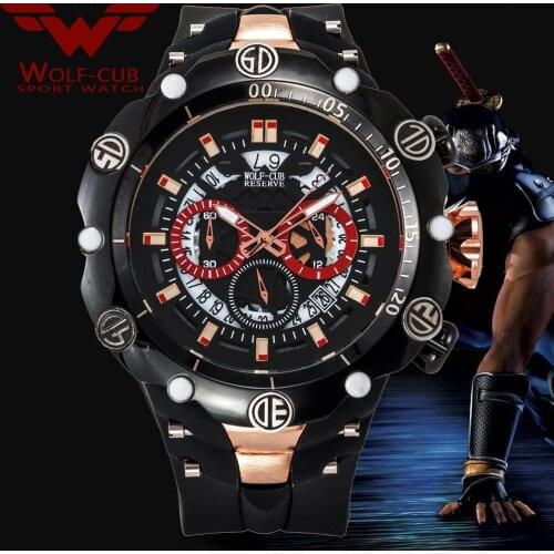 WOLF-CUB Big Dial Mens Sports Watches Waterproof Red Dial Man Steel Chronograph Quartz Wrist Watch Military Relogio Masculino